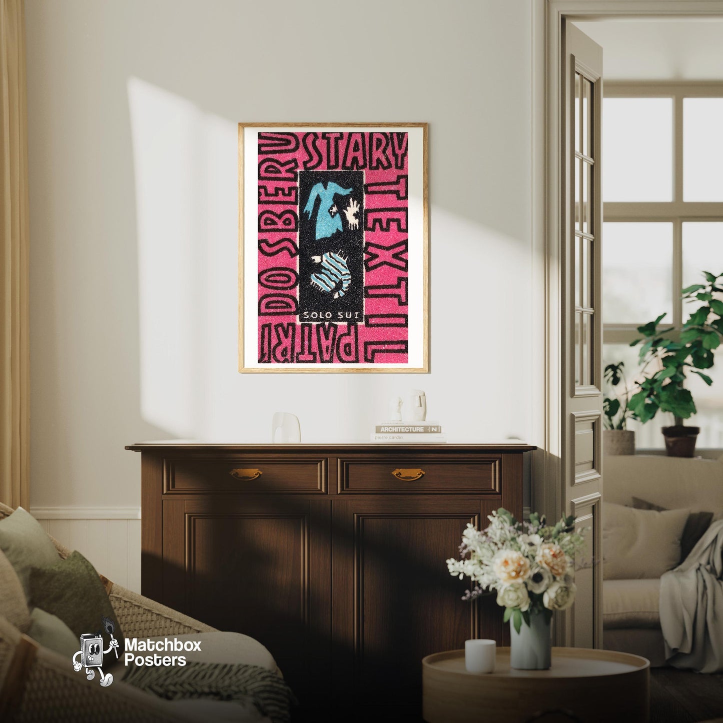 Donate Old Clothes - vintage matchbox label print - living room mockup
