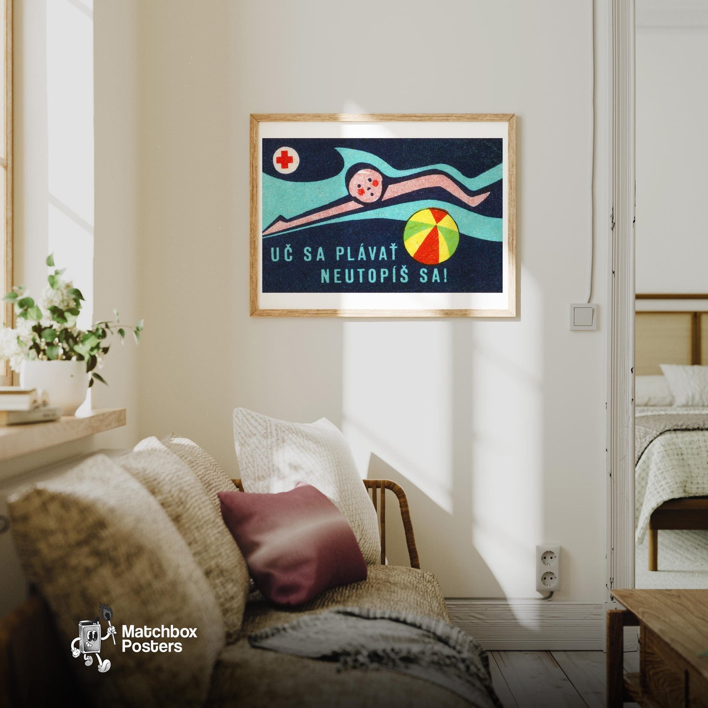 Swimmer Czechoslovakia Mid-Century Matchbox Label - vintage matchbox label print - living room mockup