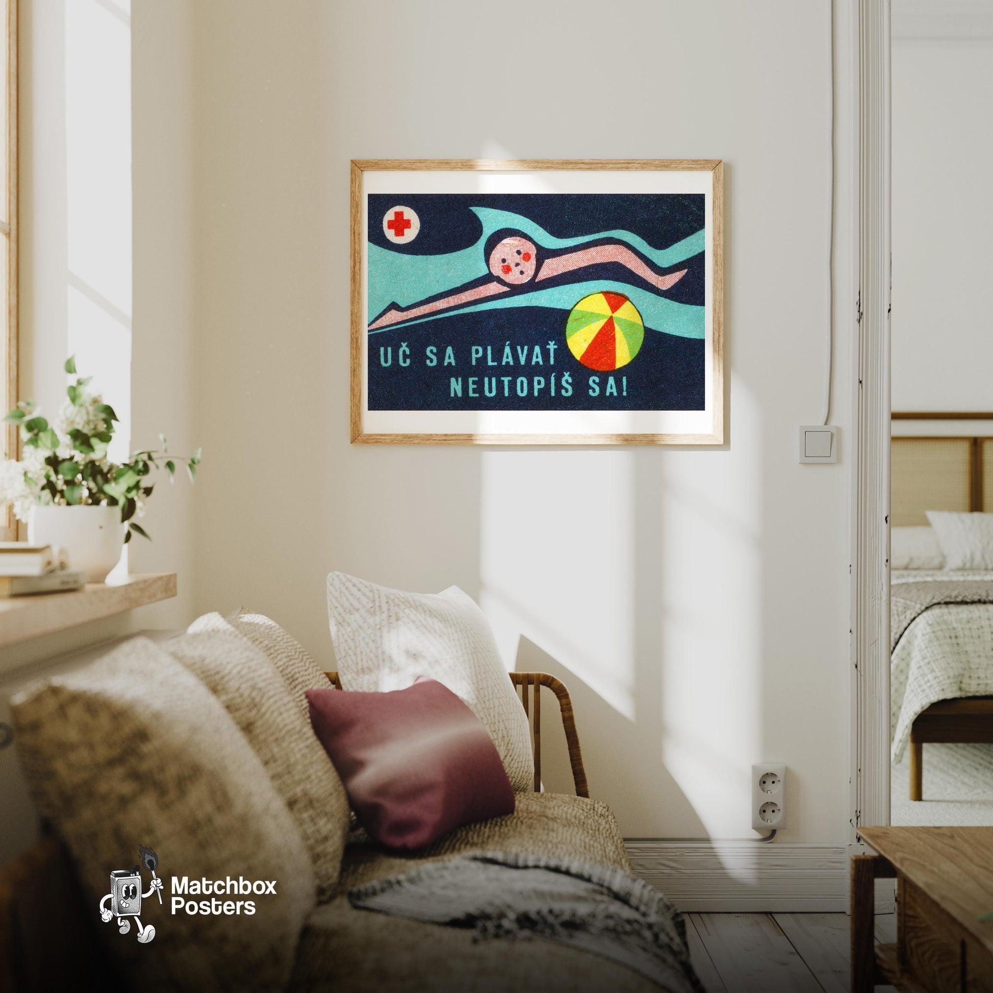 Swimmer Czechoslovakia Mid-Century Matchbox Label - vintage matchbox label print - living room mockup