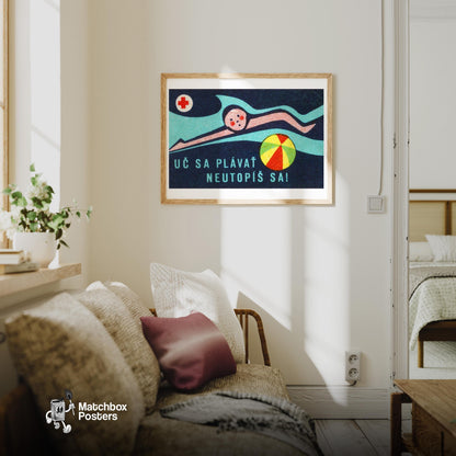 Swimmer Czechoslovakia Mid-Century Matchbox Label - vintage matchbox label print - living room mockup