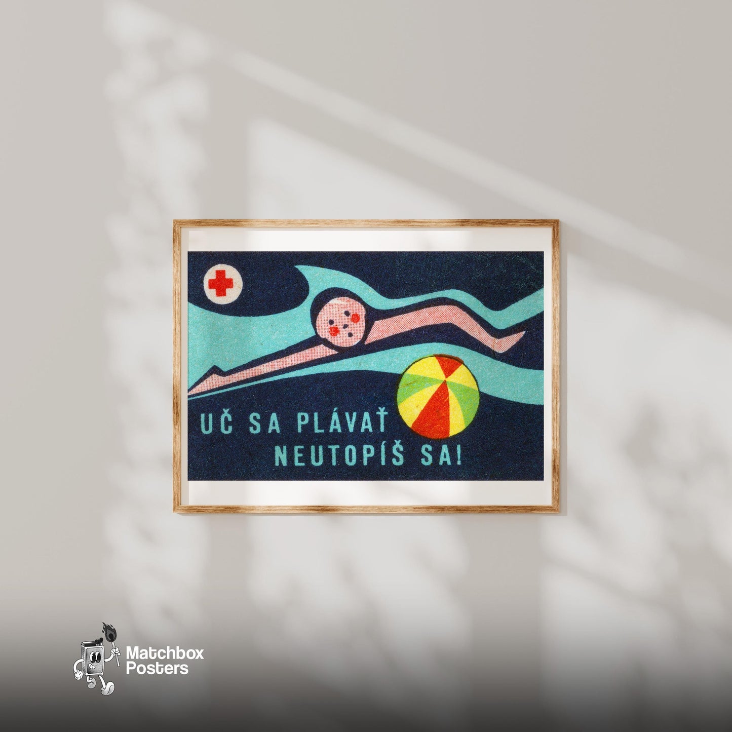 Swimmer Czechoslovakia Mid-Century Matchbox Label - vintage matchbox label print - bedroom mockup