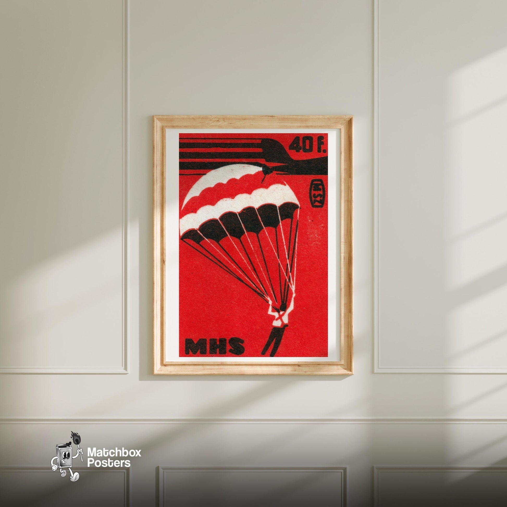 Parachuter - vintage matchbox label print - bedroom mockup