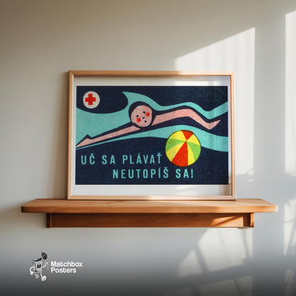 Swimmer Czechoslovakia Mid-Century Matchbox Label - vintage matchbox label print - size comparison