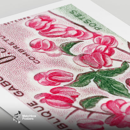 Pink Combretum Flowers Republique Gabonaise - vintage matchbox label print - close-up detail