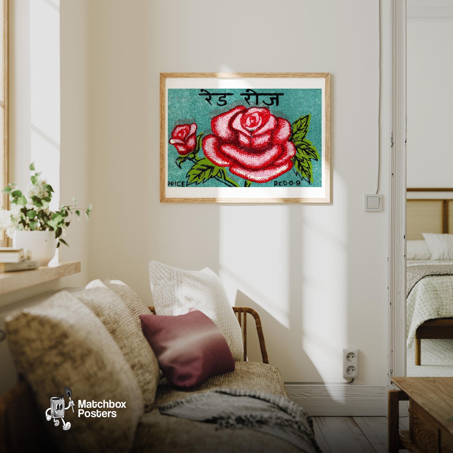 Red Rose - vintage matchbox label print - living room mockup