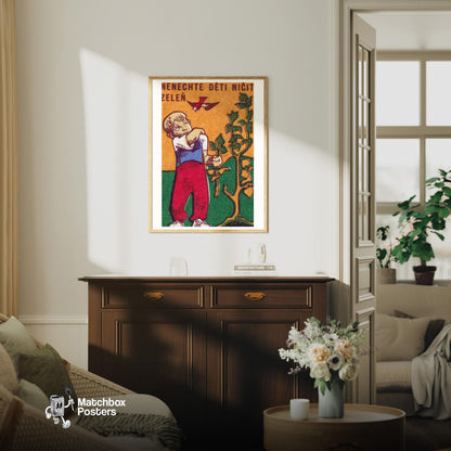 Don't Let Children Destroy Vegetables - vintage matchbox label print - living room mockup