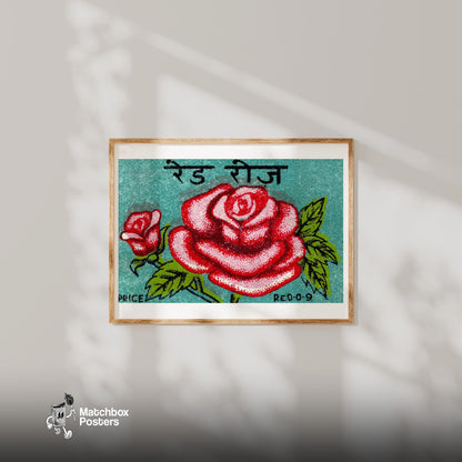 Red Rose - vintage matchbox label print - bedroom mockup