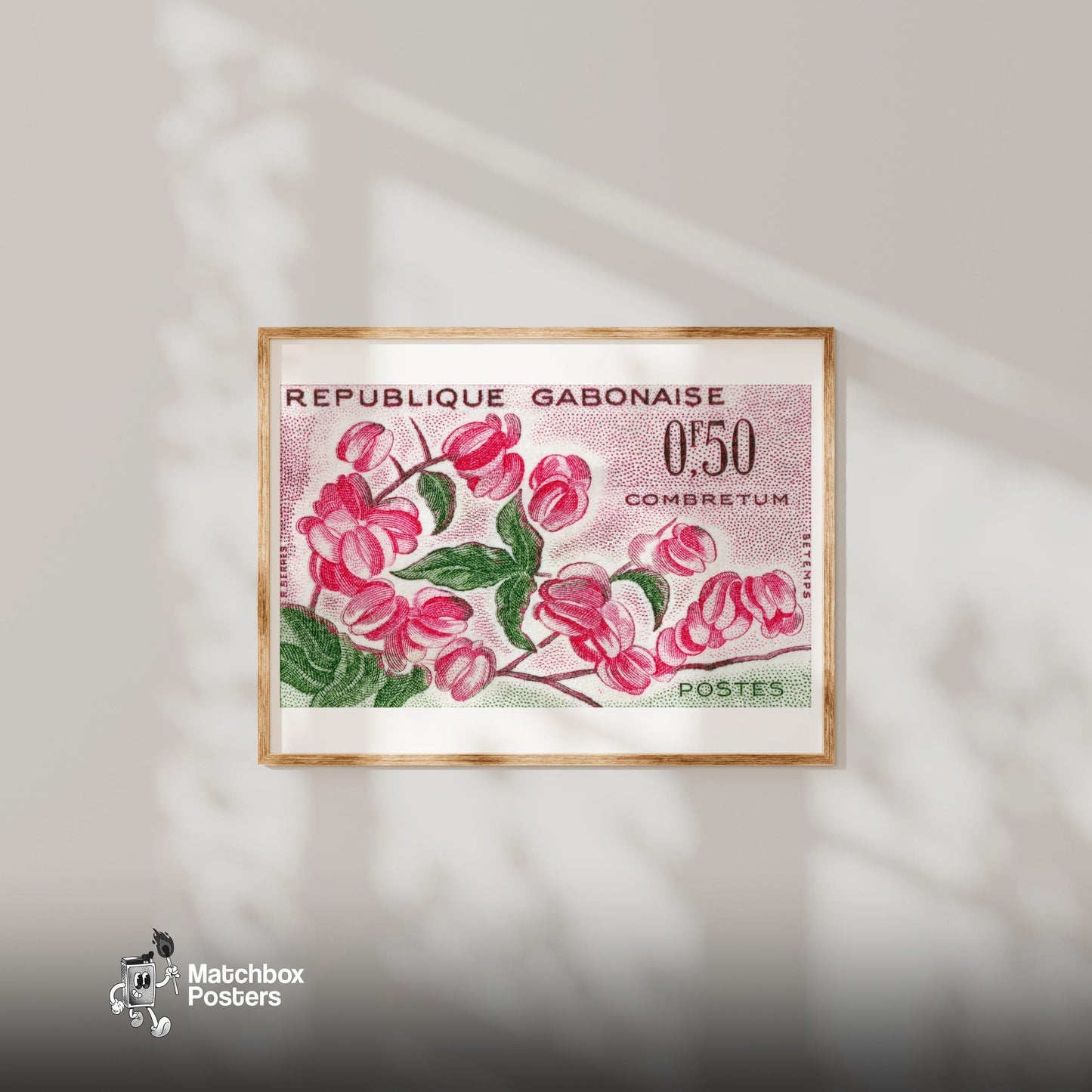 Pink Combretum Flowers Republique Gabonaise - vintage matchbox label print - bedroom mockup