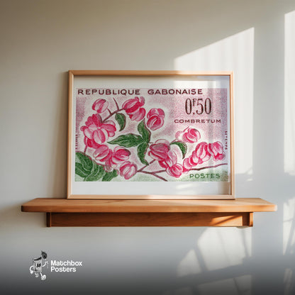 Pink Combretum Flowers Republique Gabonaise - vintage matchbox label print - size comparison
