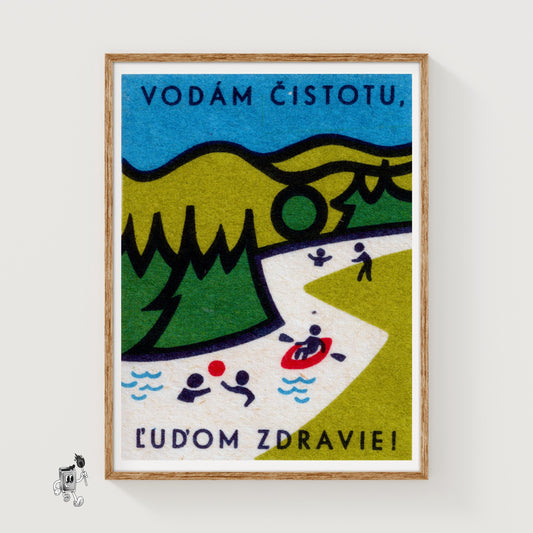 Kayakers in River - vintage matchbox label print