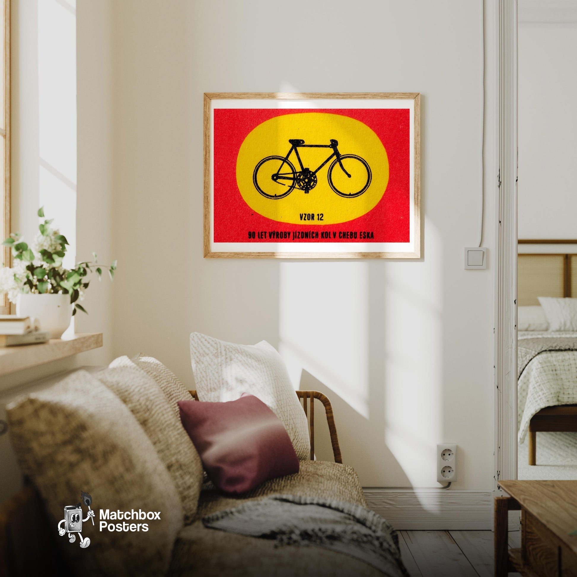 Fixed Gear Bicycle - vintage matchbox label print - living room mockup