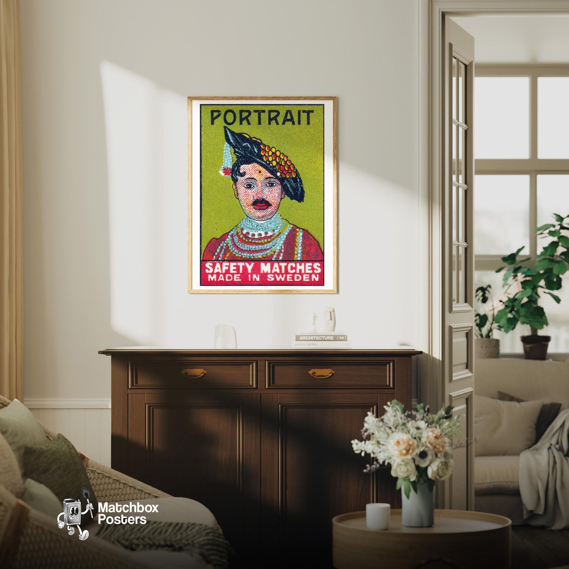 Fashionable Man Portrait - vintage matchbox label print - living room mockup