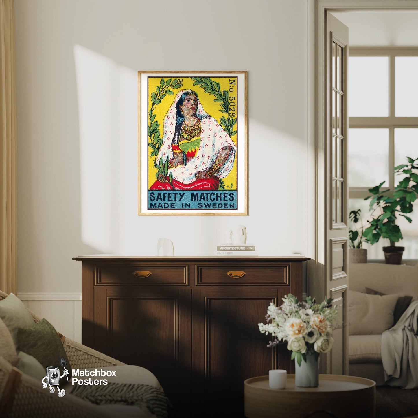 Indian Woman - vintage matchbox label print - living room mockup