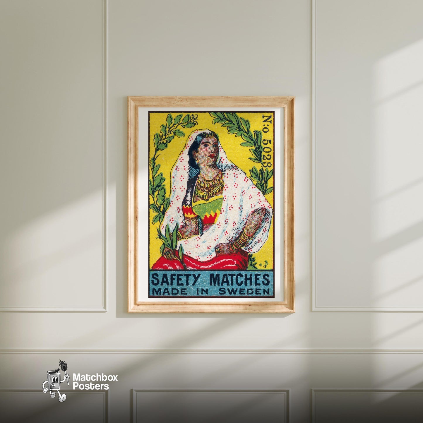 Indian Woman - vintage matchbox label print - bedroom mockup