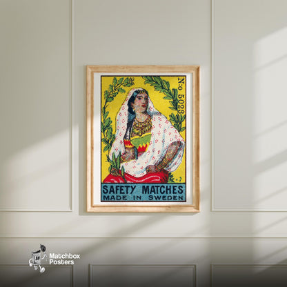 Indian Woman - vintage matchbox label print - bedroom mockup