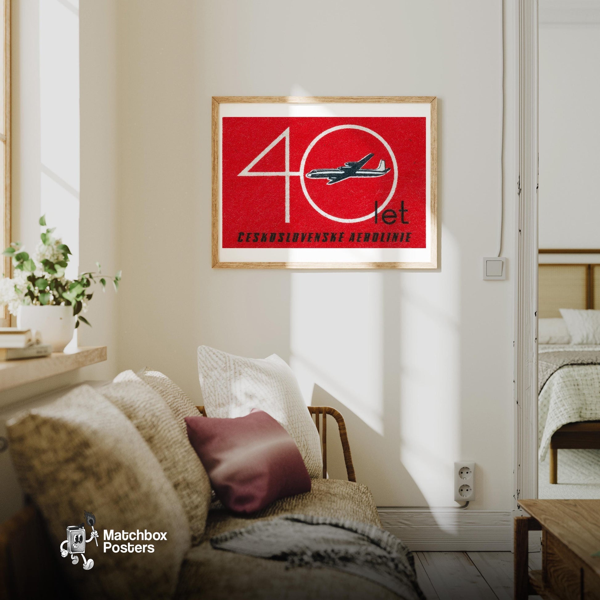 Czechoslovak Airlines 40th Anniversary - vintage matchbox label print - living room mockup