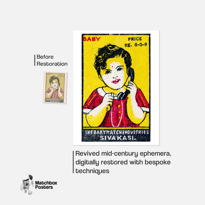 Child with Telephone - vintage matchbox label print - framed wall art preview