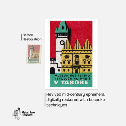 Historical Building Clock Tower - vintage matchbox label print - framed wall art preview