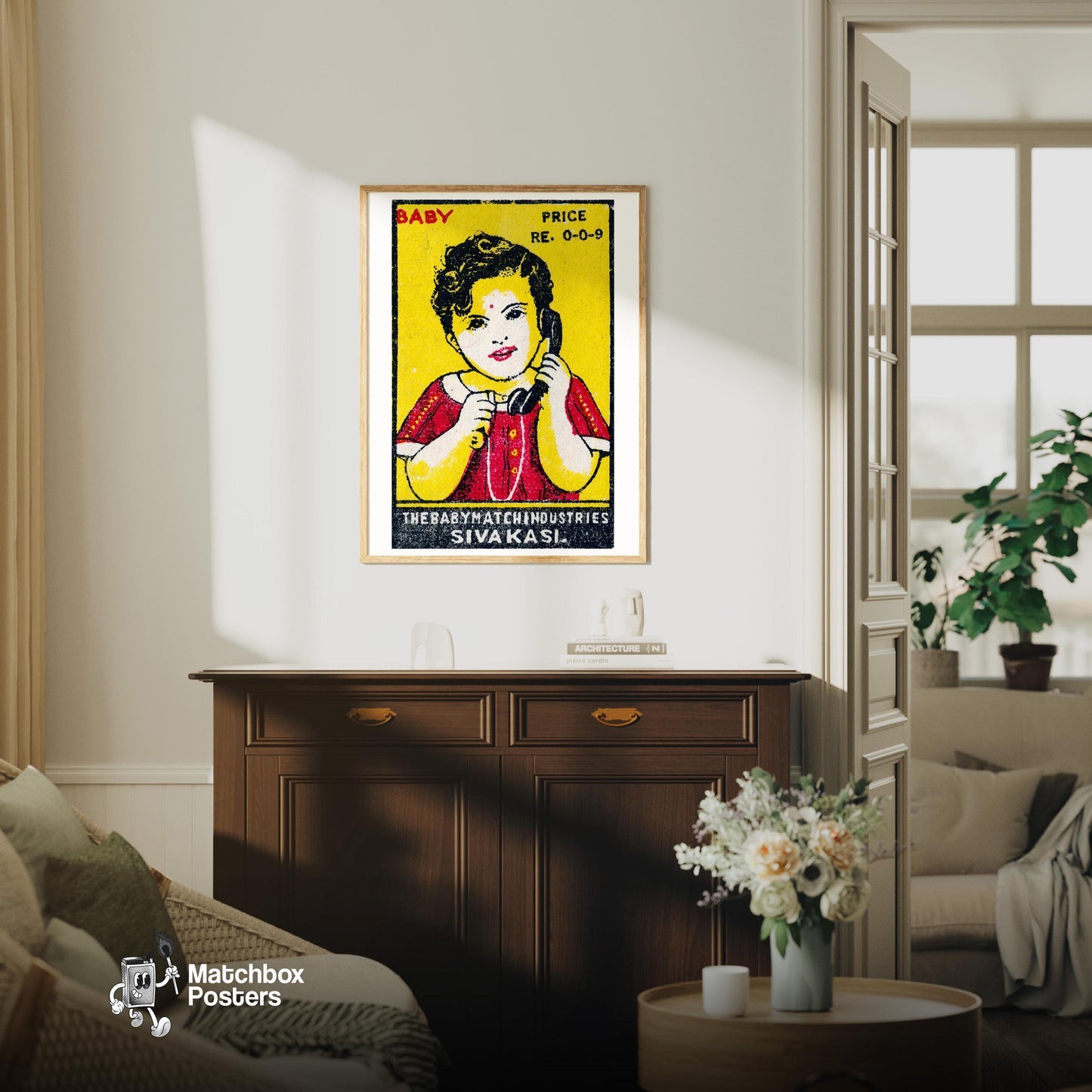 Child with Telephone - vintage matchbox label print - living room mockup