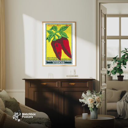 Red Chili Peppers - vintage matchbox label print - living room mockup