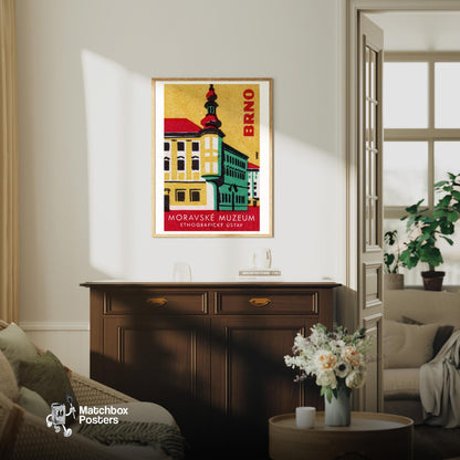 Illustration Of Moravské Muzeum Building - vintage matchbox label print - living room mockup