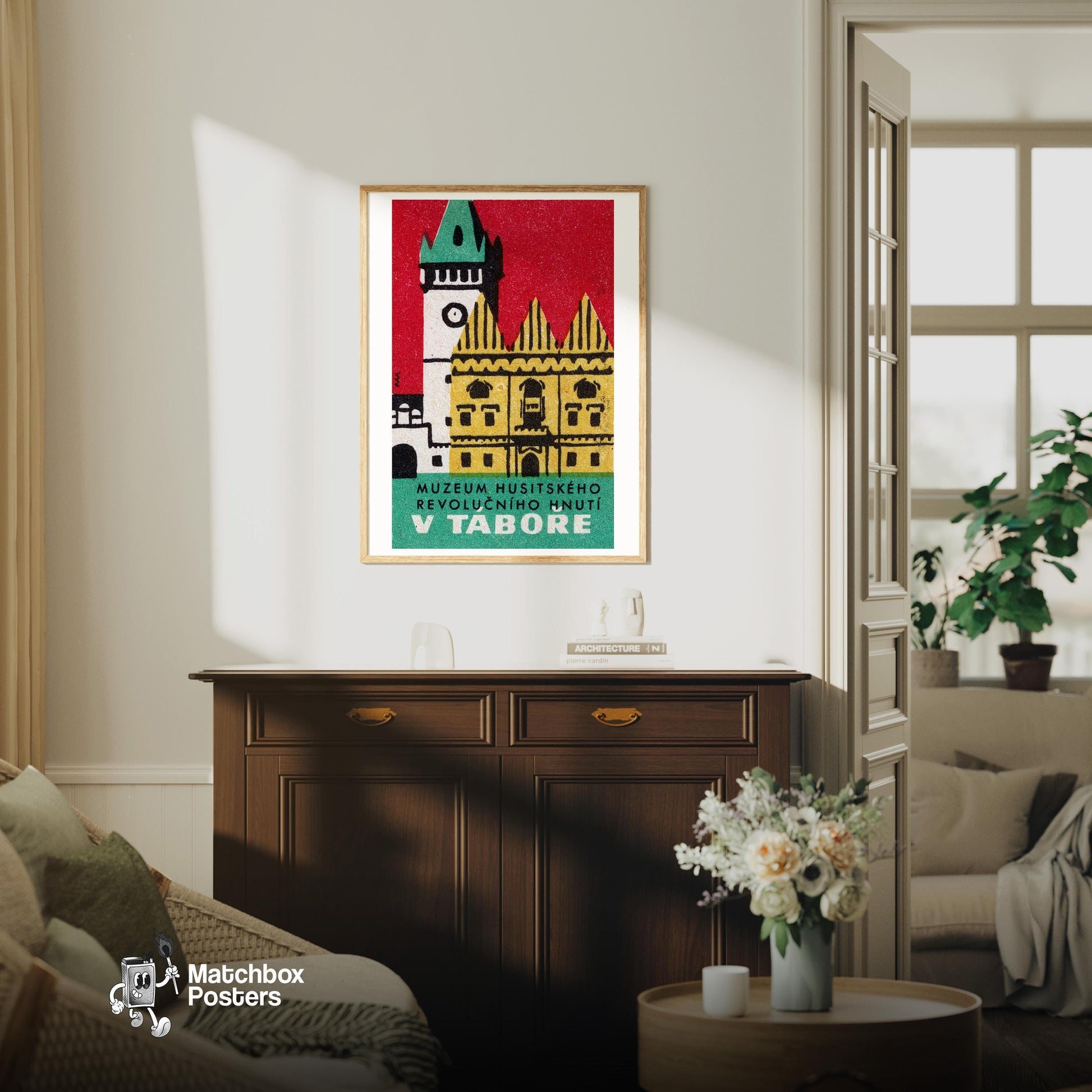 Historical Building Clock Tower - vintage matchbox label print - living room mockup