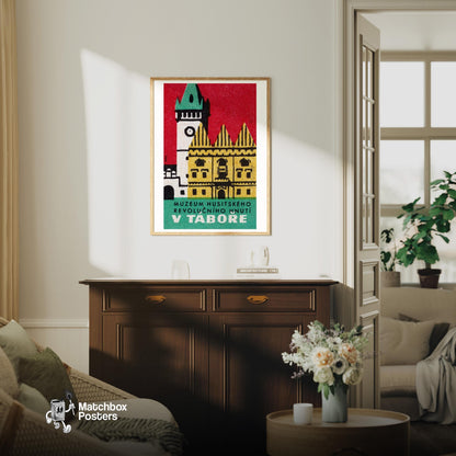 Historical Building Clock Tower - vintage matchbox label print - living room mockup
