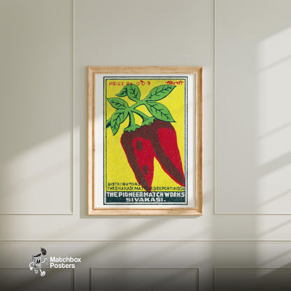 Red Chili Peppers - vintage matchbox label print - bedroom mockup