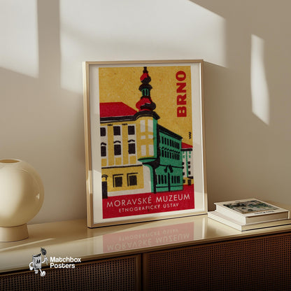 Illustration Of Moravské Muzeum Building - vintage matchbox label print - size comparison