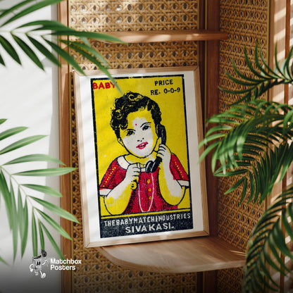Child with Telephone - vintage matchbox label print - office wall