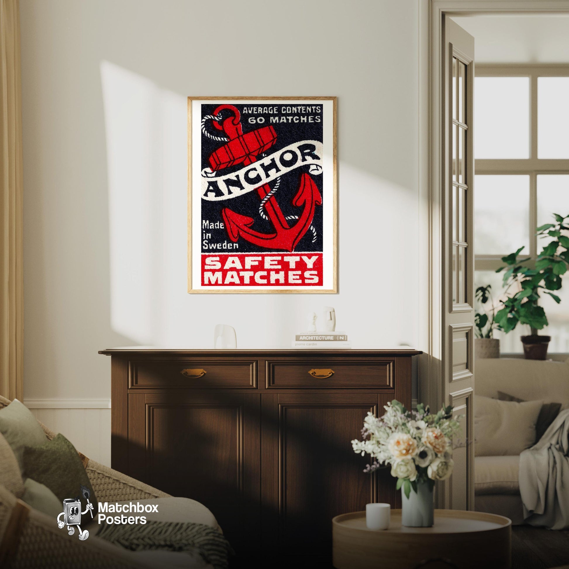 Red Anchor - vintage matchbox label print - living room mockup