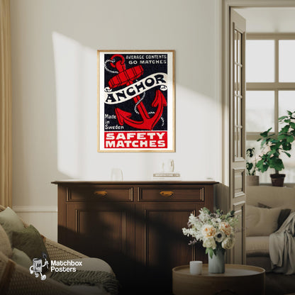 Red Anchor - vintage matchbox label print - living room mockup
