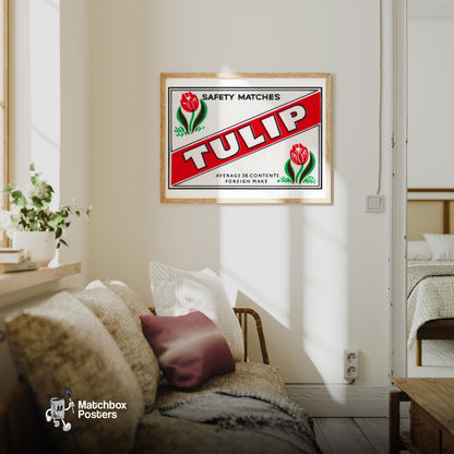 Red Tulip - vintage matchbox label print - living room mockup