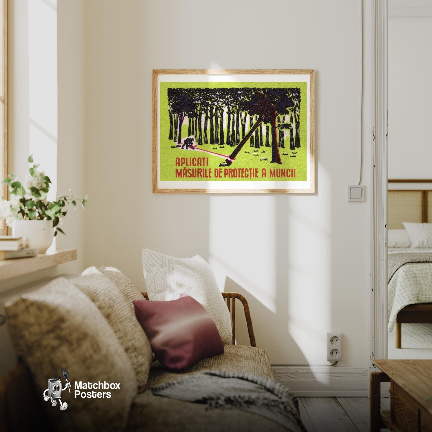 Worker Cutting Tree - vintage matchbox label print - living room mockup