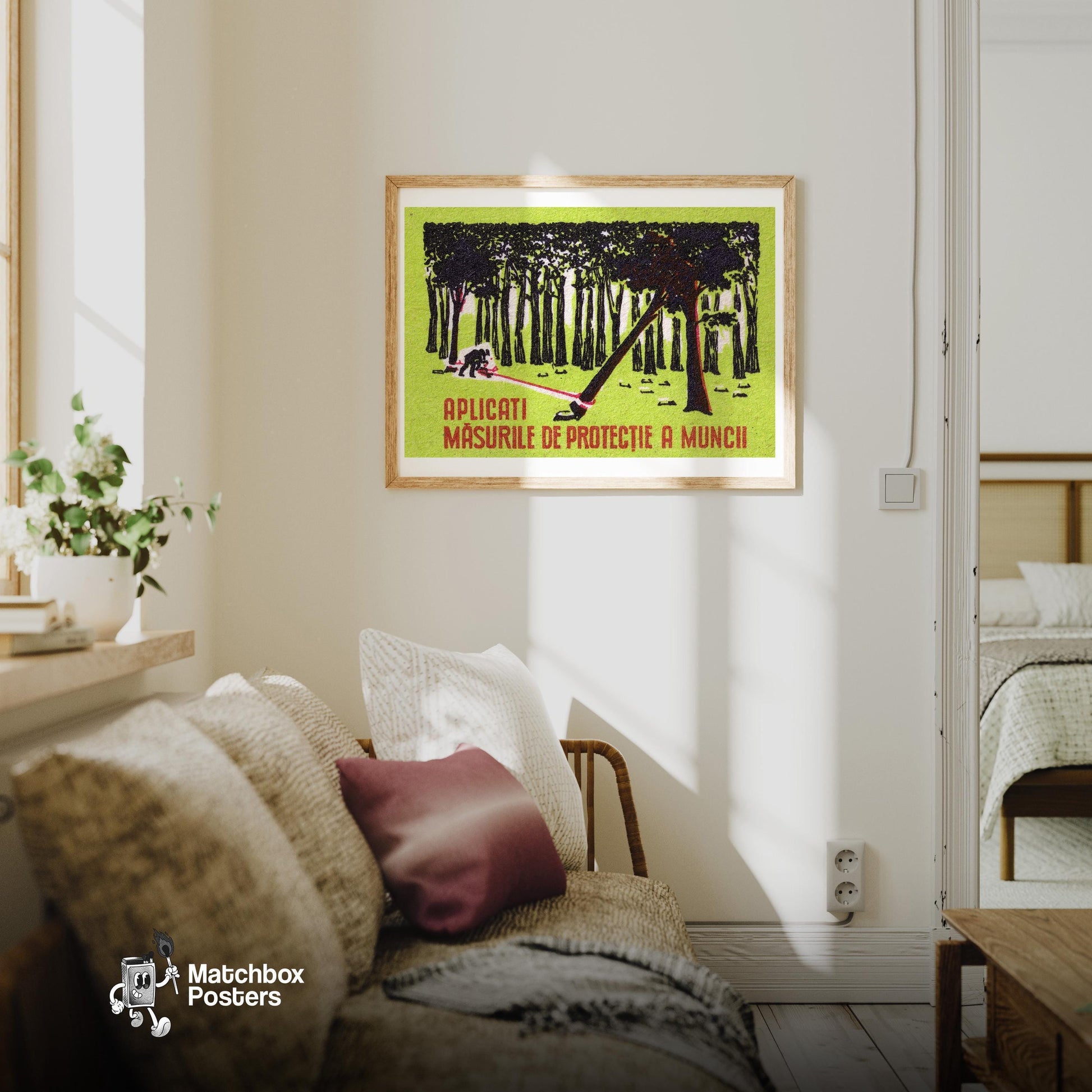 Worker Cutting Tree - vintage matchbox label print - living room mockup