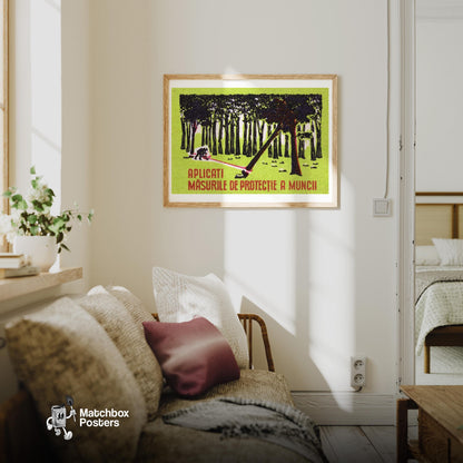 Worker Cutting Tree - vintage matchbox label print - living room mockup
