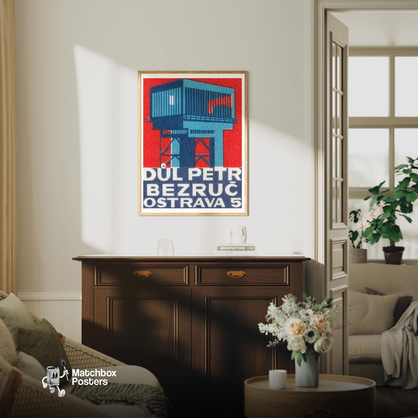 Industrial Building - vintage matchbox label print - living room mockup