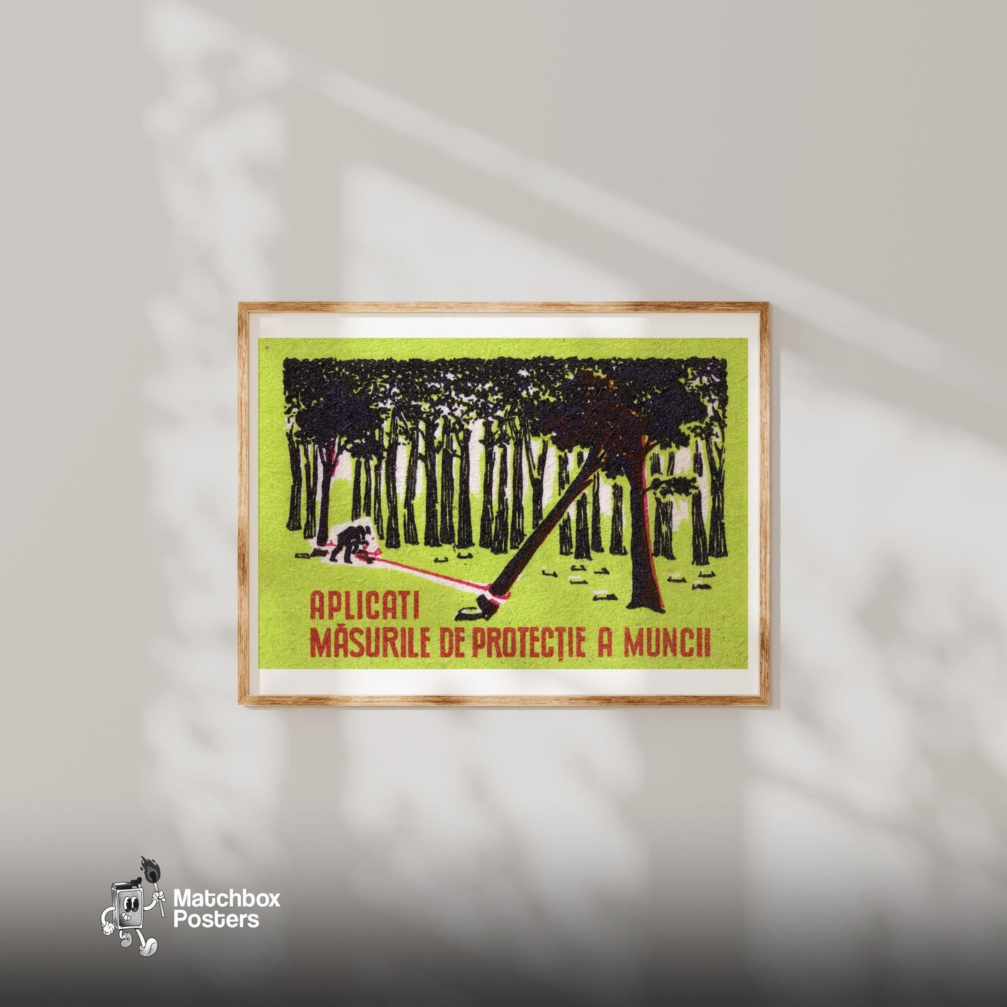 Worker Cutting Tree - vintage matchbox label print - bedroom mockup