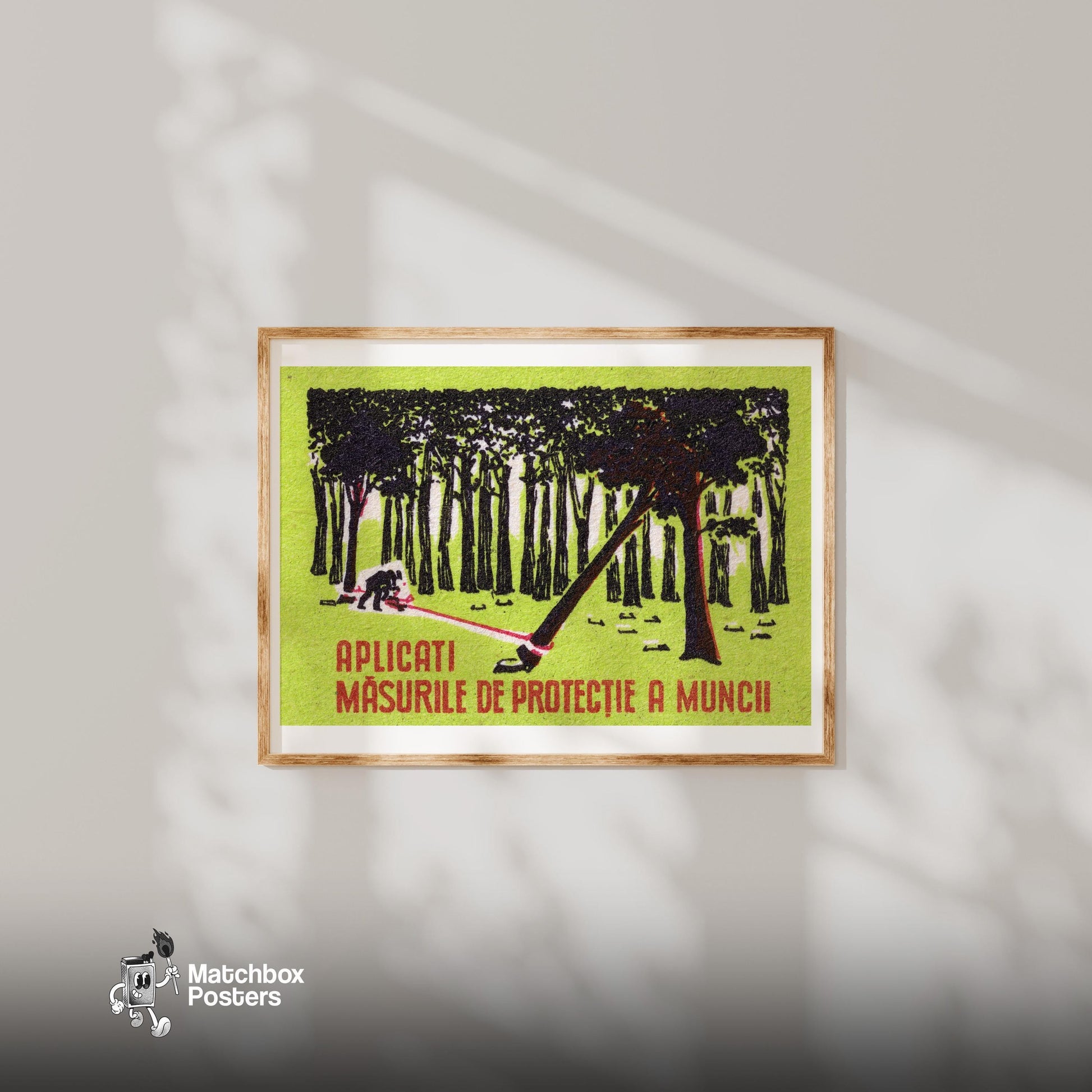 Worker Cutting Tree - vintage matchbox label print - bedroom mockup