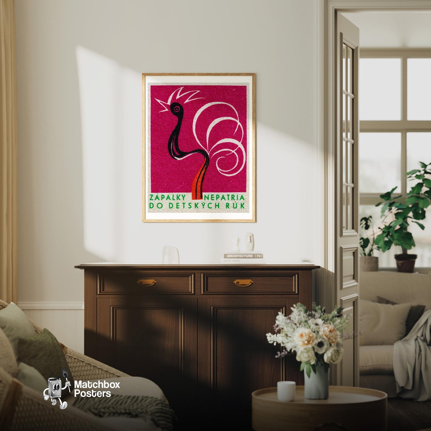 Rooster Match - vintage matchbox label print - living room mockup