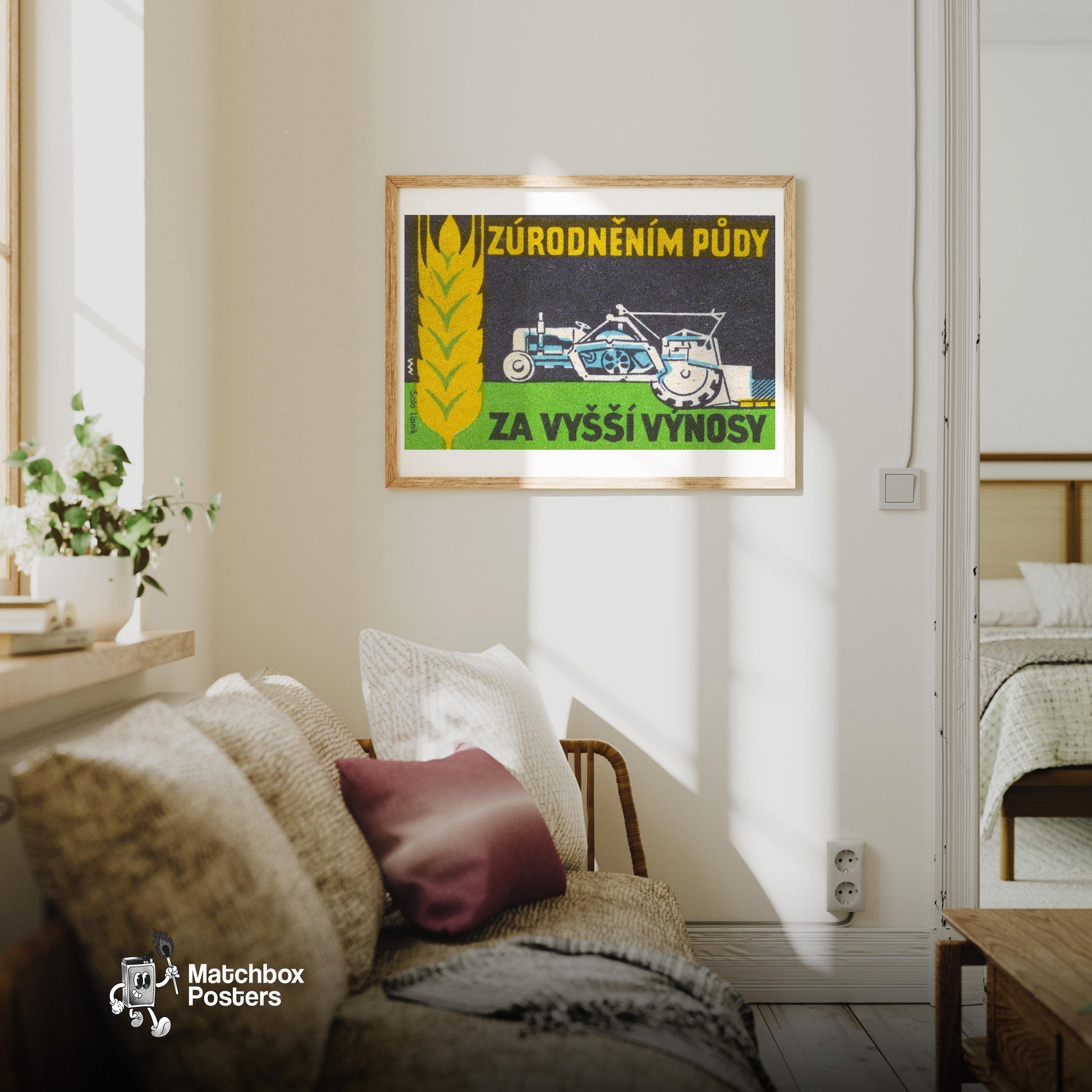 Tractor and Wheat - vintage matchbox label print - living room mockup