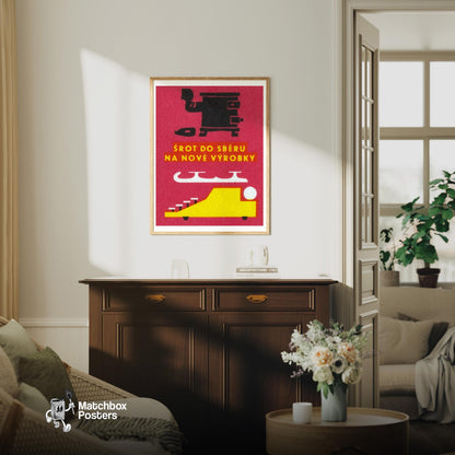 Stylized Black Machine - vintage matchbox label print - living room mockup