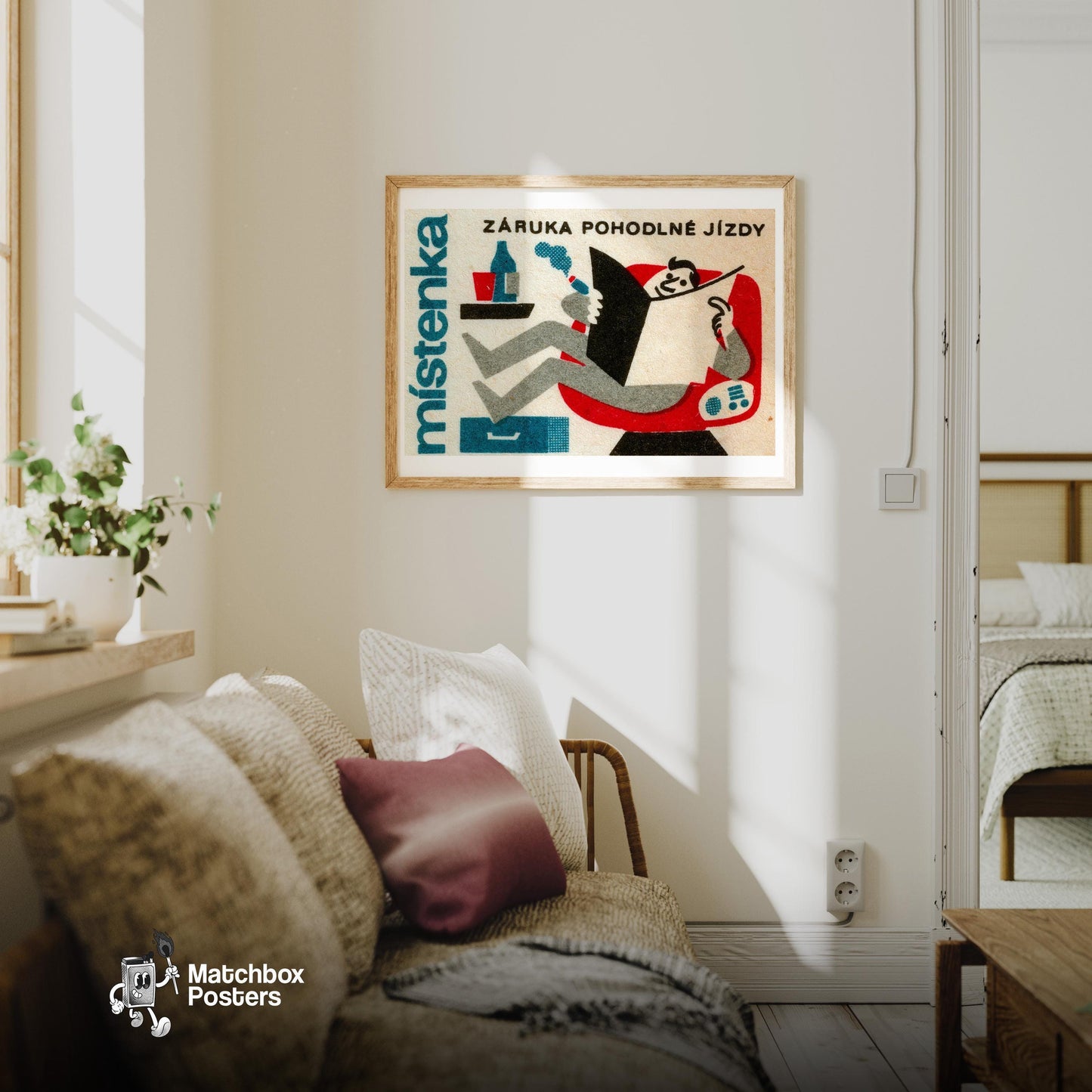 Relaxing Man - vintage matchbox label print - living room mockup