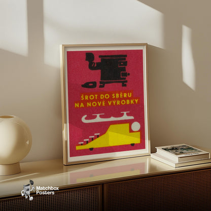 Stylized Black Machine - vintage matchbox label print - size comparison