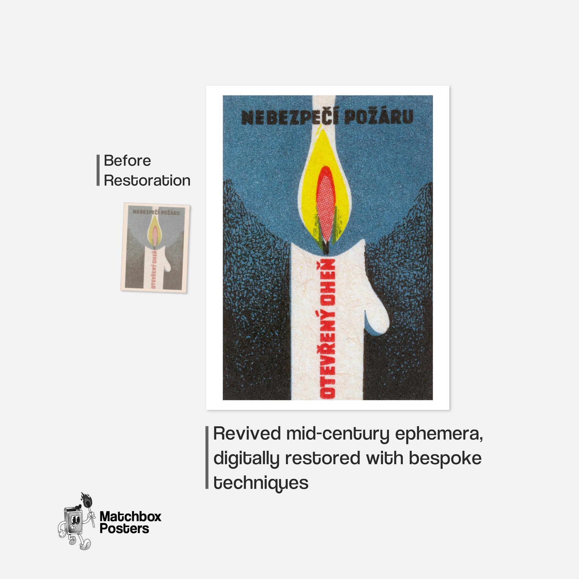 Lit Match Fire Safety - vintage matchbox label print - framed wall art preview