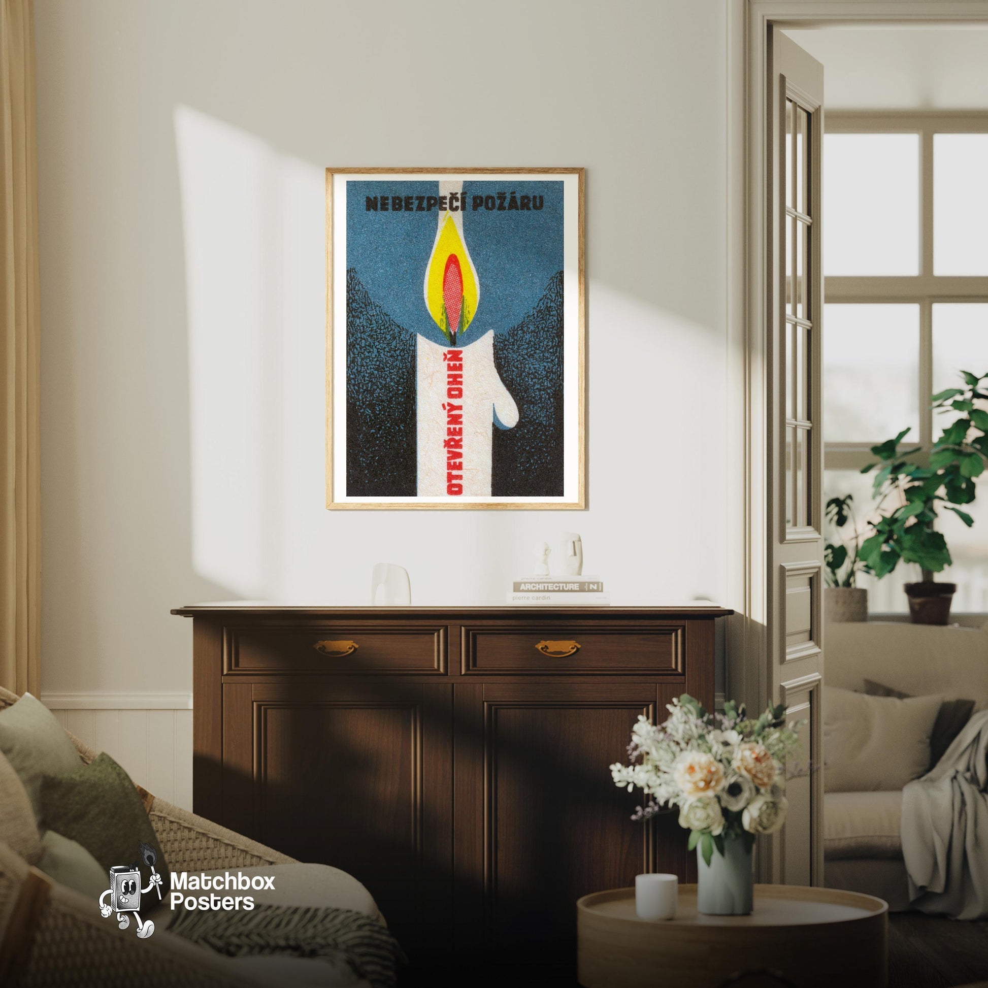 Lit Match Fire Safety - vintage matchbox label print - living room mockup