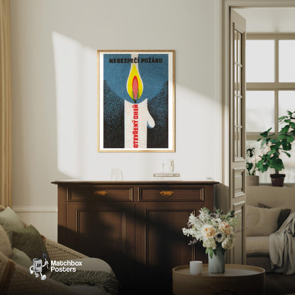 Lit Match Fire Safety - vintage matchbox label print - living room mockup