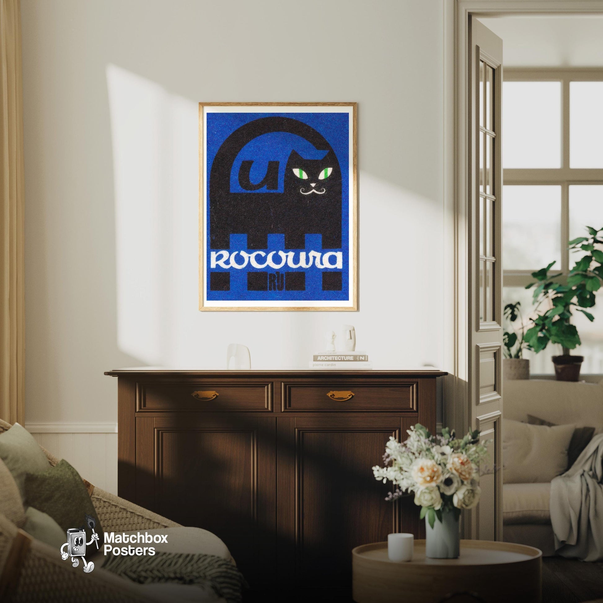 Black Cat - vintage matchbox label print - living room mockup