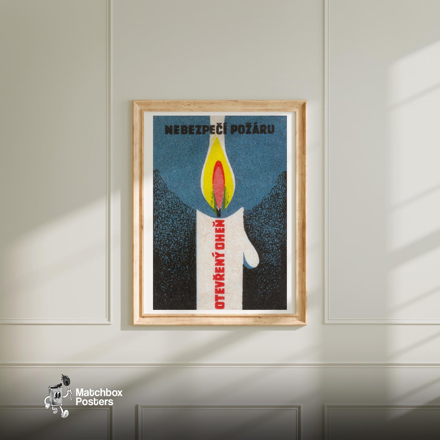 Lit Match Fire Safety - vintage matchbox label print - bedroom mockup