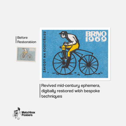 Cyclist on Vintage Bicycle - vintage matchbox label print - close-up detail